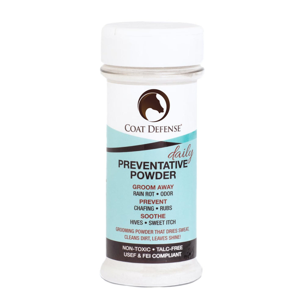 COAT DEFENSE Daily Powder bottle pour demonstrates easy application and odor control.