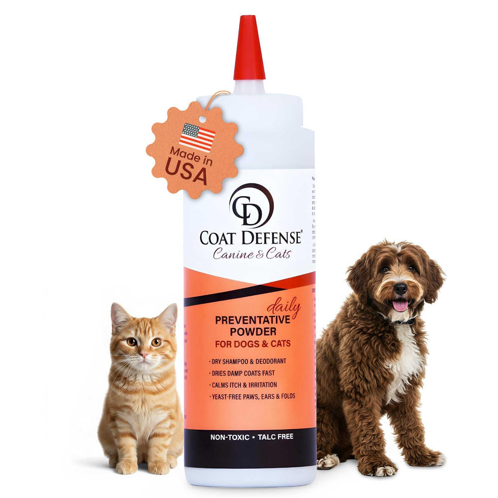 Coat Defense daily powder bottle ready for precise coat application and odor control.