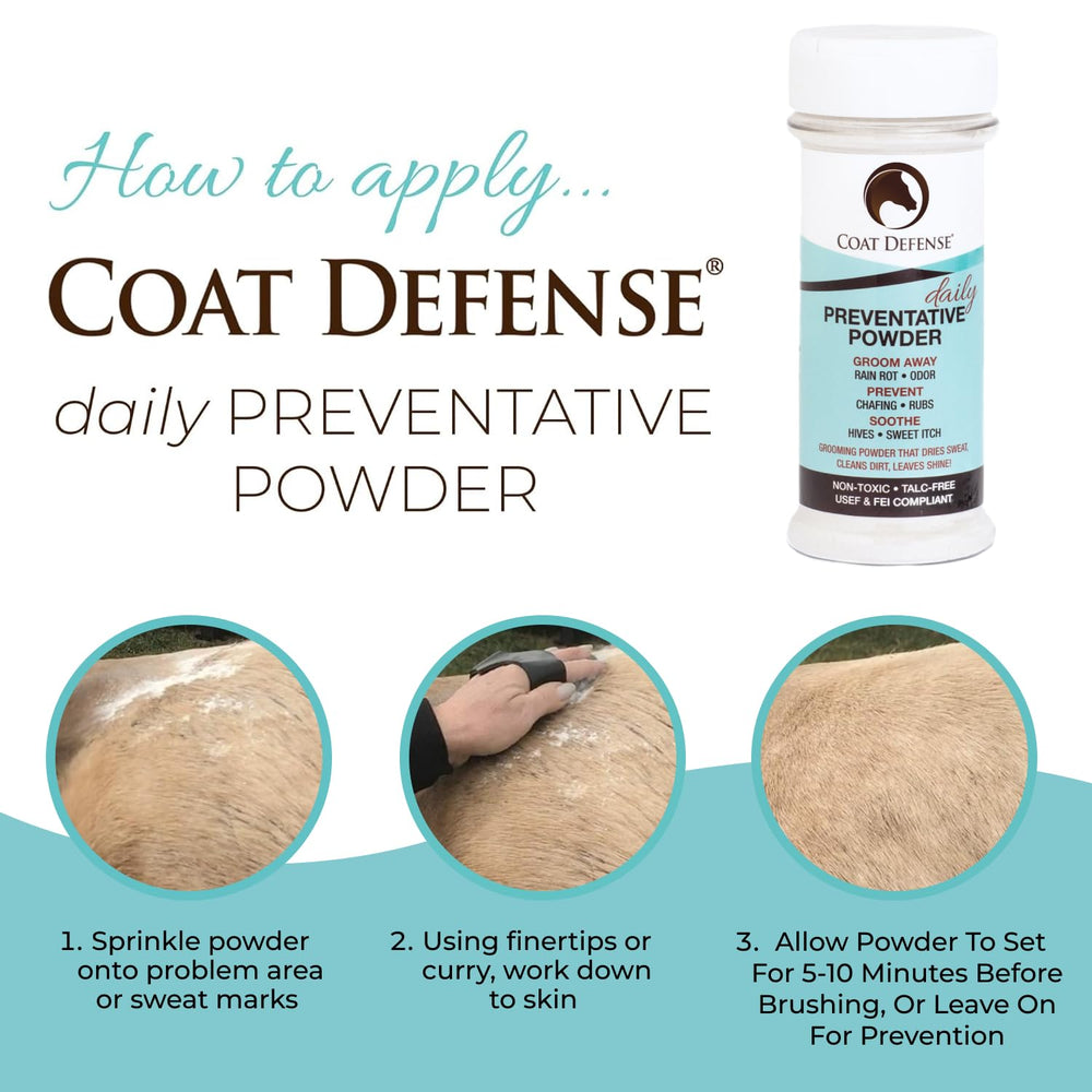 COAT DEFENSE Daily Powder provides odor control for saddles and blankets.