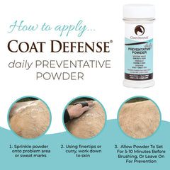 COAT DEFENSE Daily Powder provides odor control for saddles and blankets.