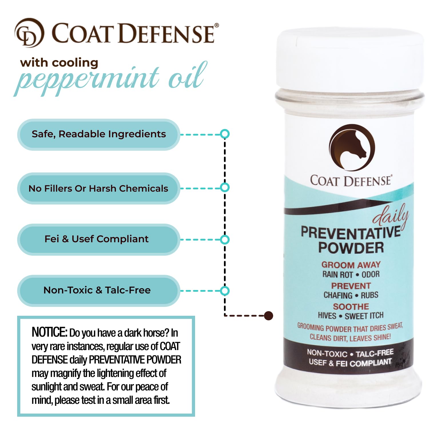 COAT DEFENSE Daily Powder under saddle pad shows dryness and odor prevention during rides.