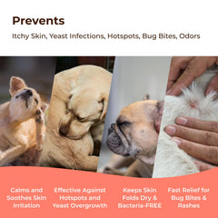 COAT DEFENSE Preventative Powder being brushed through fur helps distribute moisture-absorbing protection