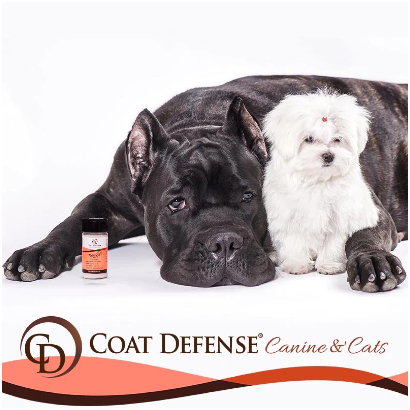 COAT DEFENSE Preventative Powder label and ingredients showcase safe, natural composition for pets