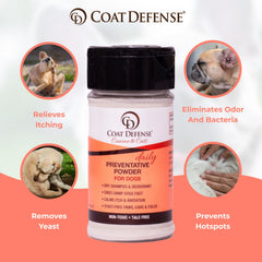 COAT DEFENSE Preventative Powder spoon-dispense demonstrates easy application and quick odor reduction