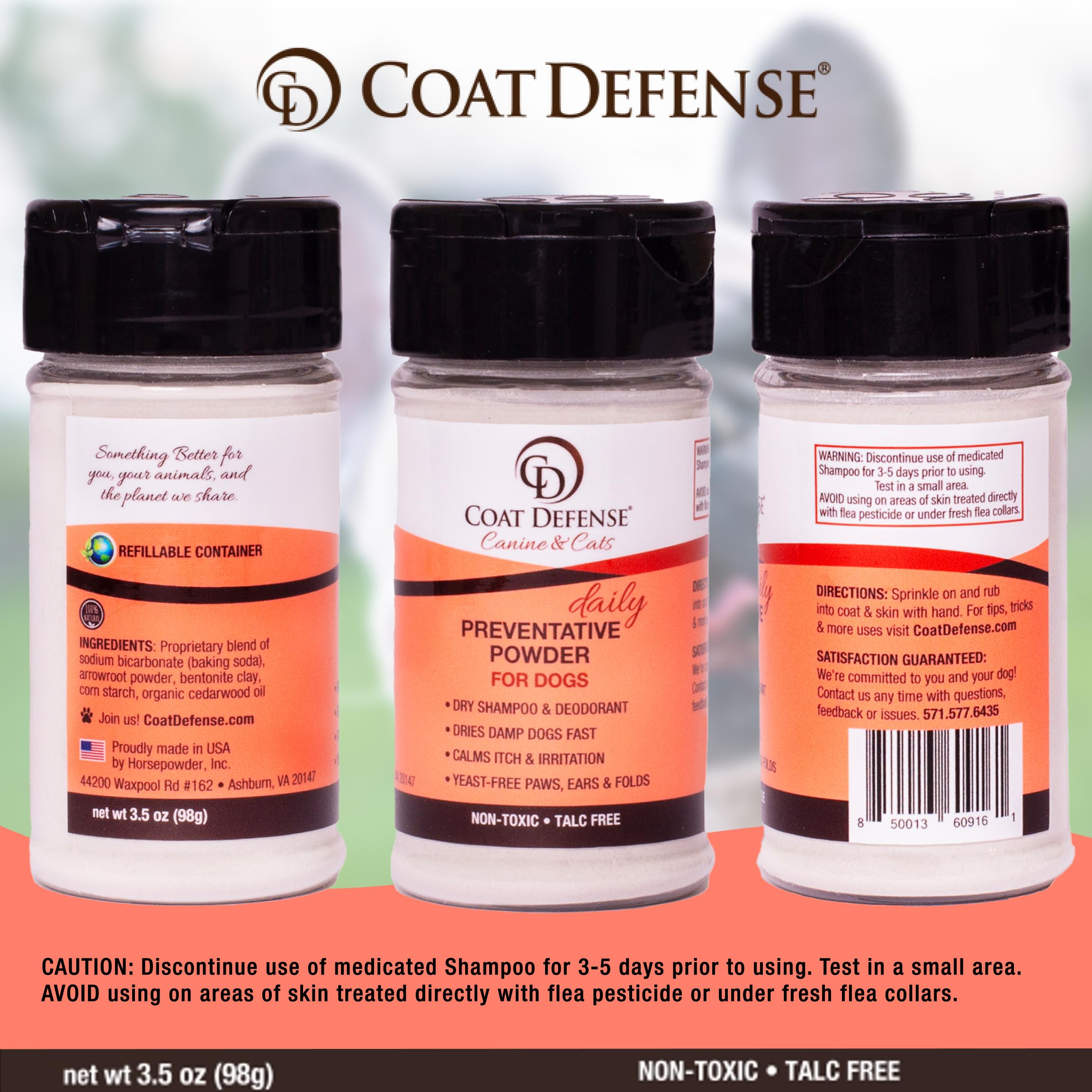 COAT DEFENSE Preventative Powder close-up highlights talc-free natural formula for pets