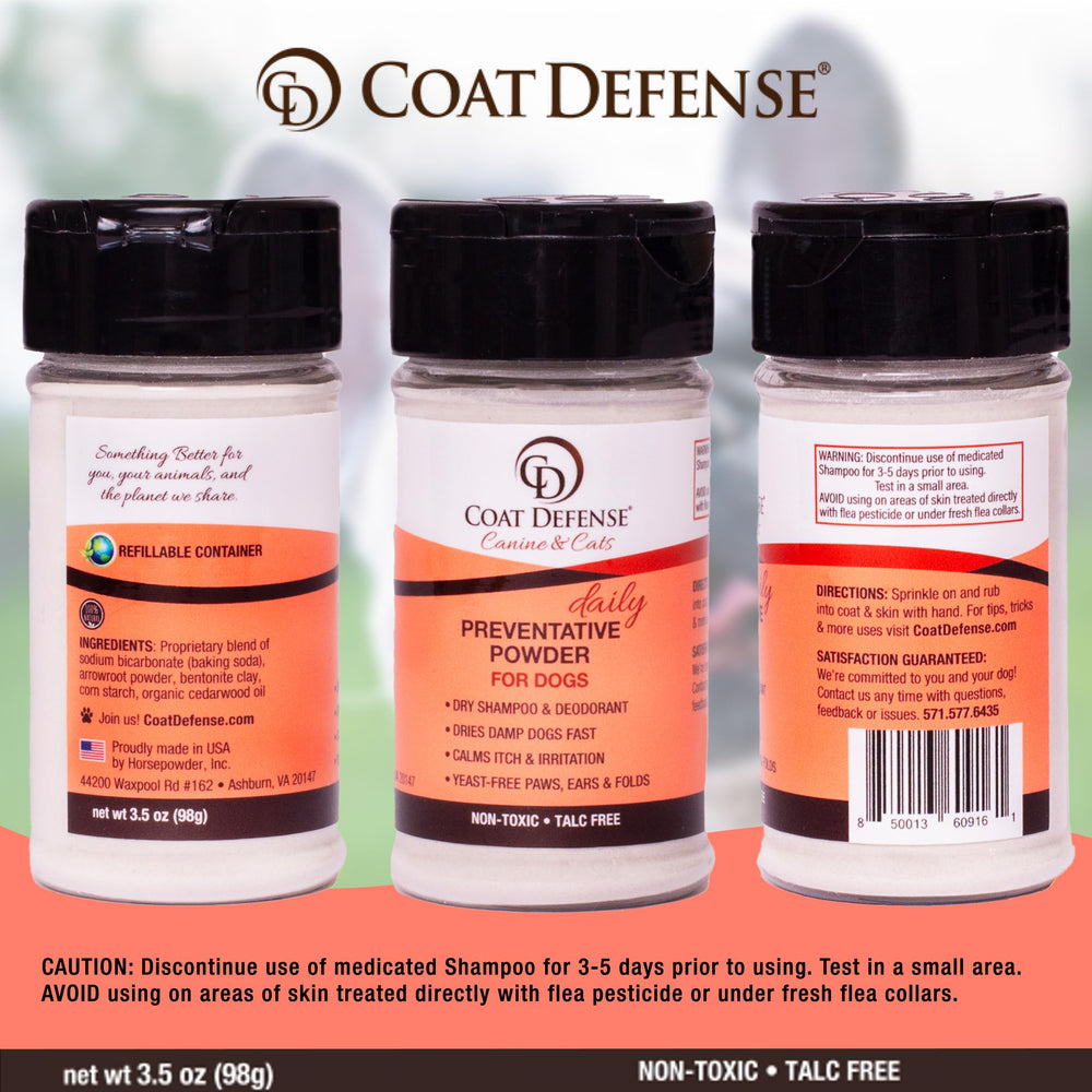 COAT DEFENSE Preventative Powder close-up highlights talc-free natural formula for pets