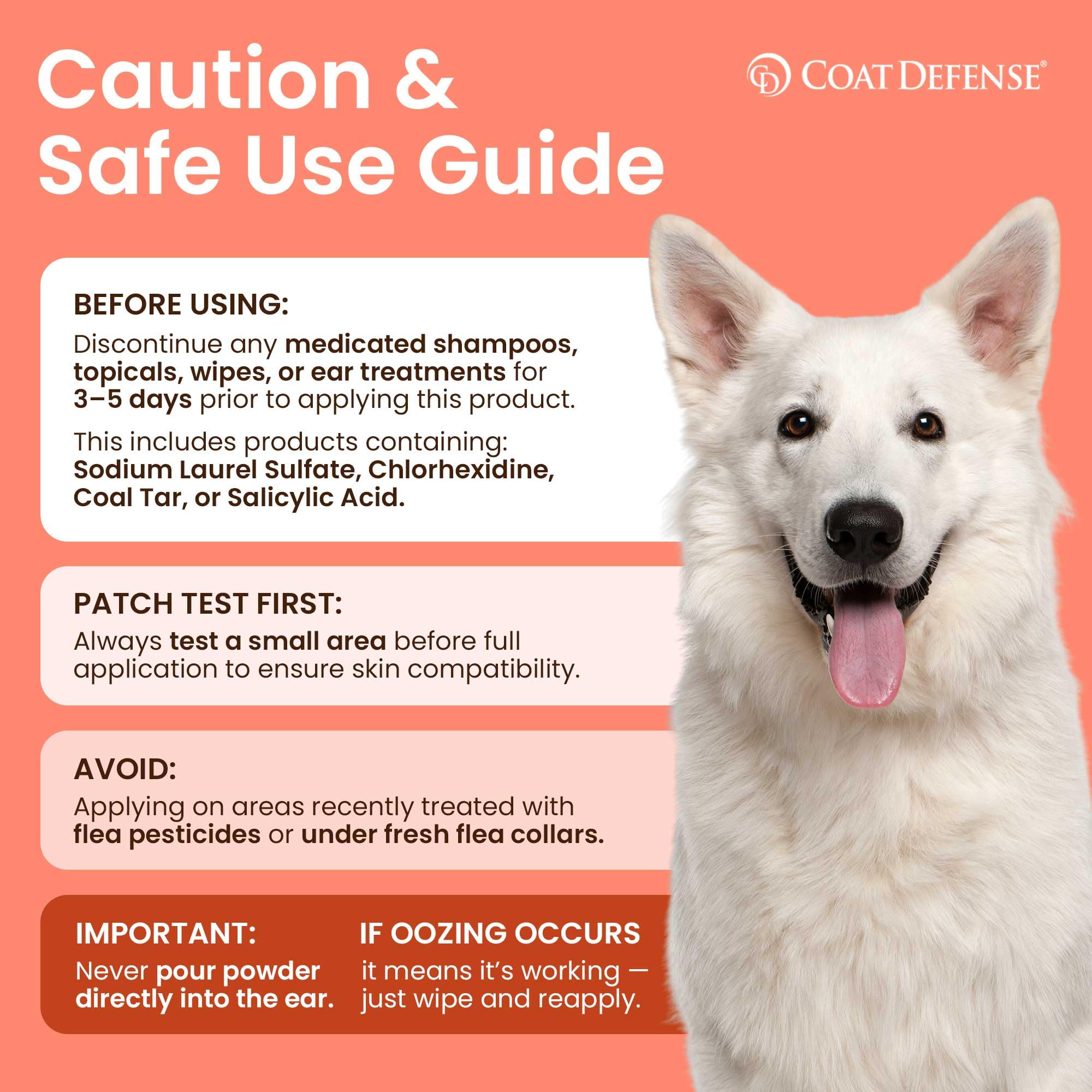 Talc-free Coat Defense formula showcased for safe, regular coat care.