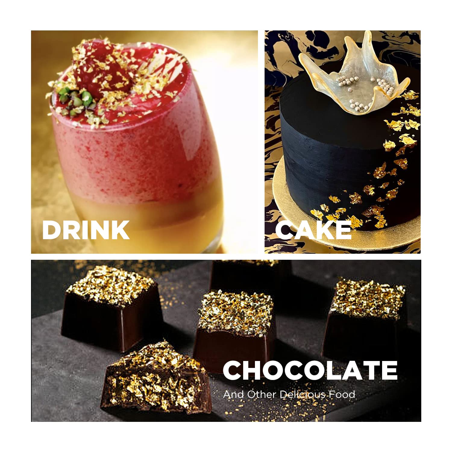 Cobakey cake decorated with gold flakes for luxurious presentation.