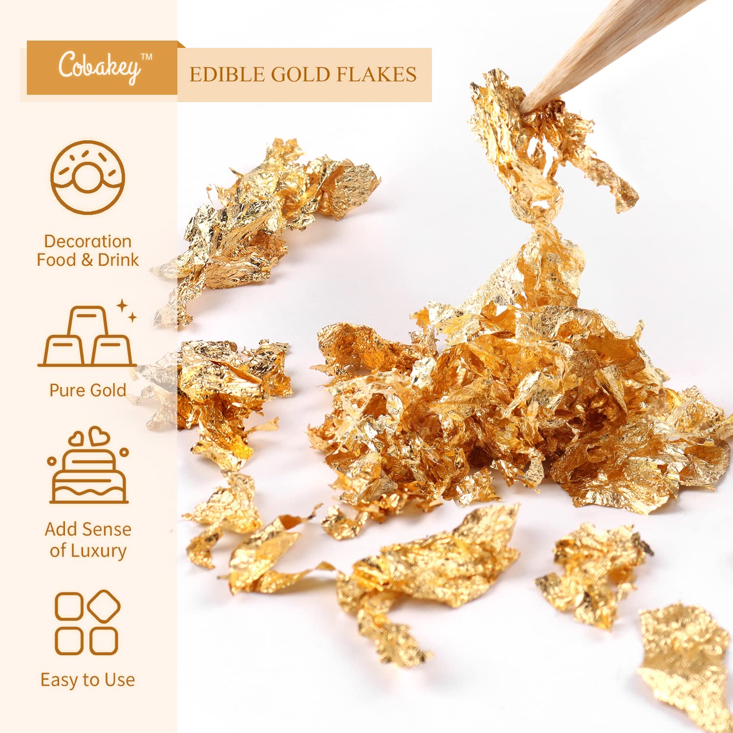 Cobakey closeup shows delicate gold flakes for fine dessert accents.