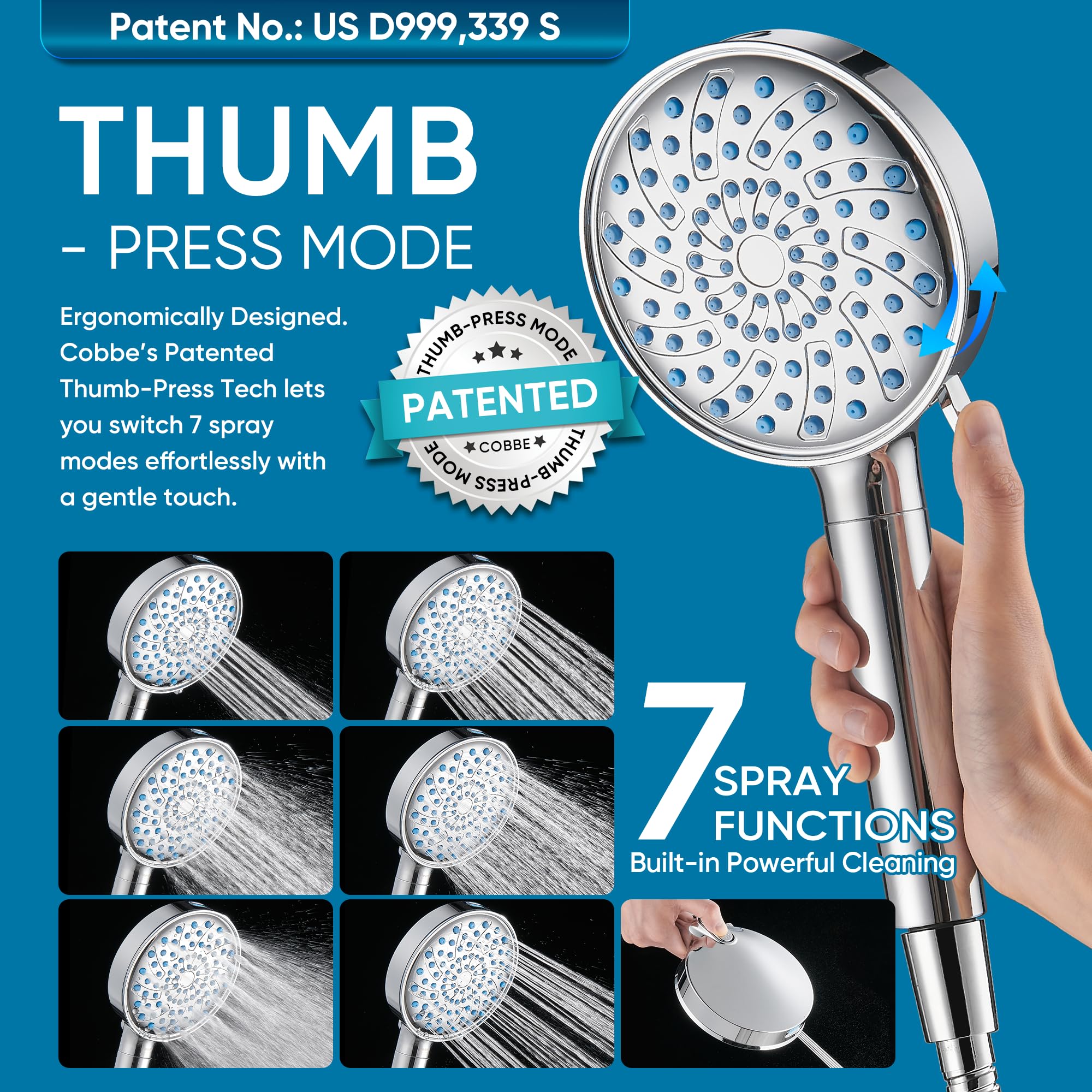 Cobbe self-cleaning silicone nozzles resist mineral buildup.