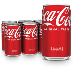 Coca-Cola mini cans 7.5 oz in a six-pack, perfect for on-the-go refreshment.