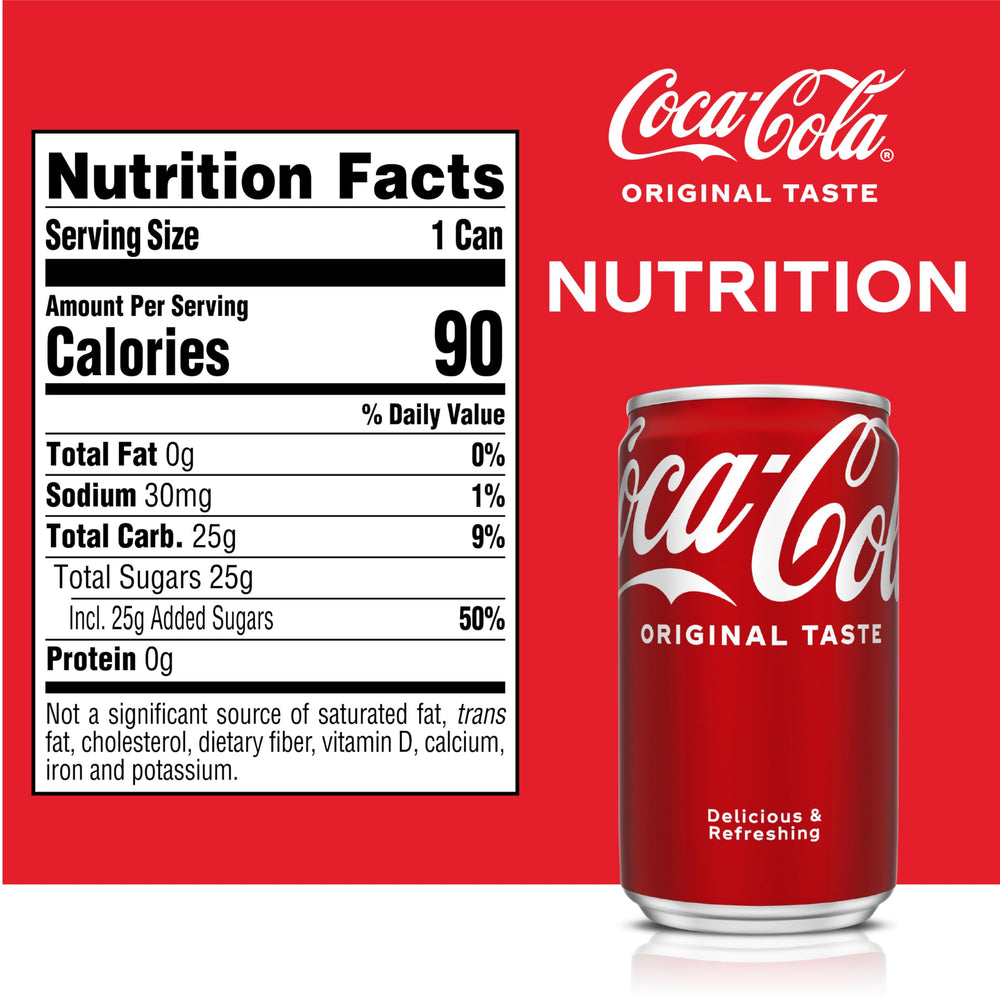 Coca-Cola mini soda cans on store shelf for easy access.