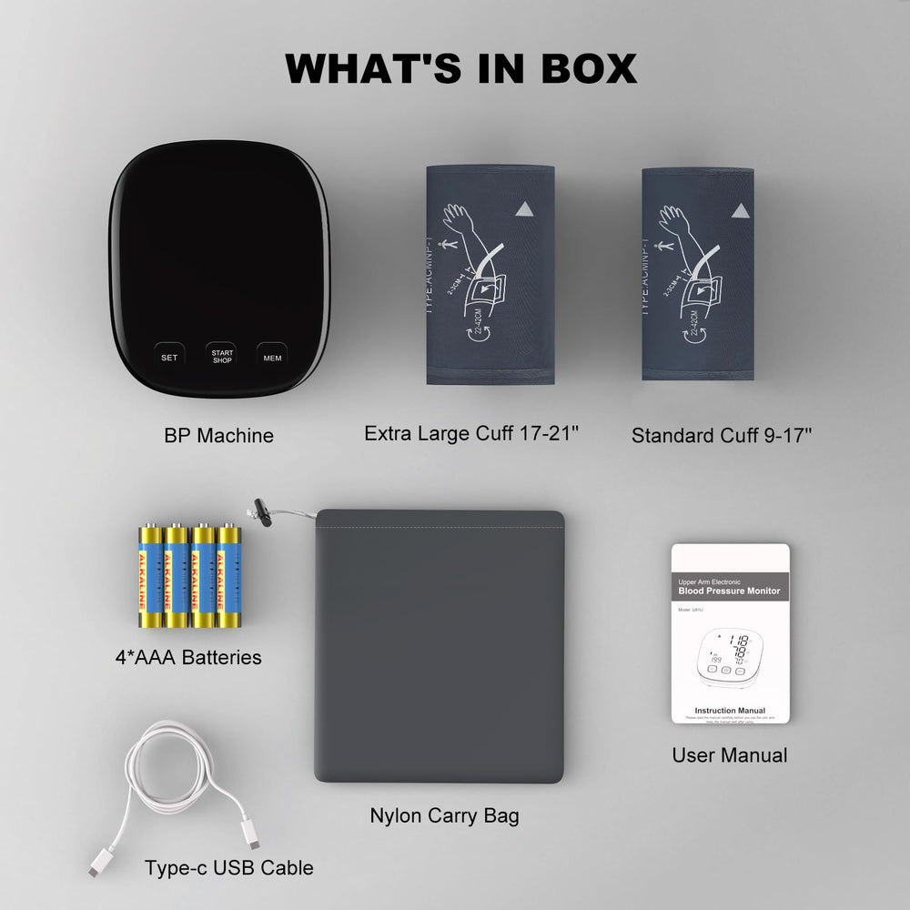 COCACIS BP Monitor box contents including cuffs, USB cable, and bag.
