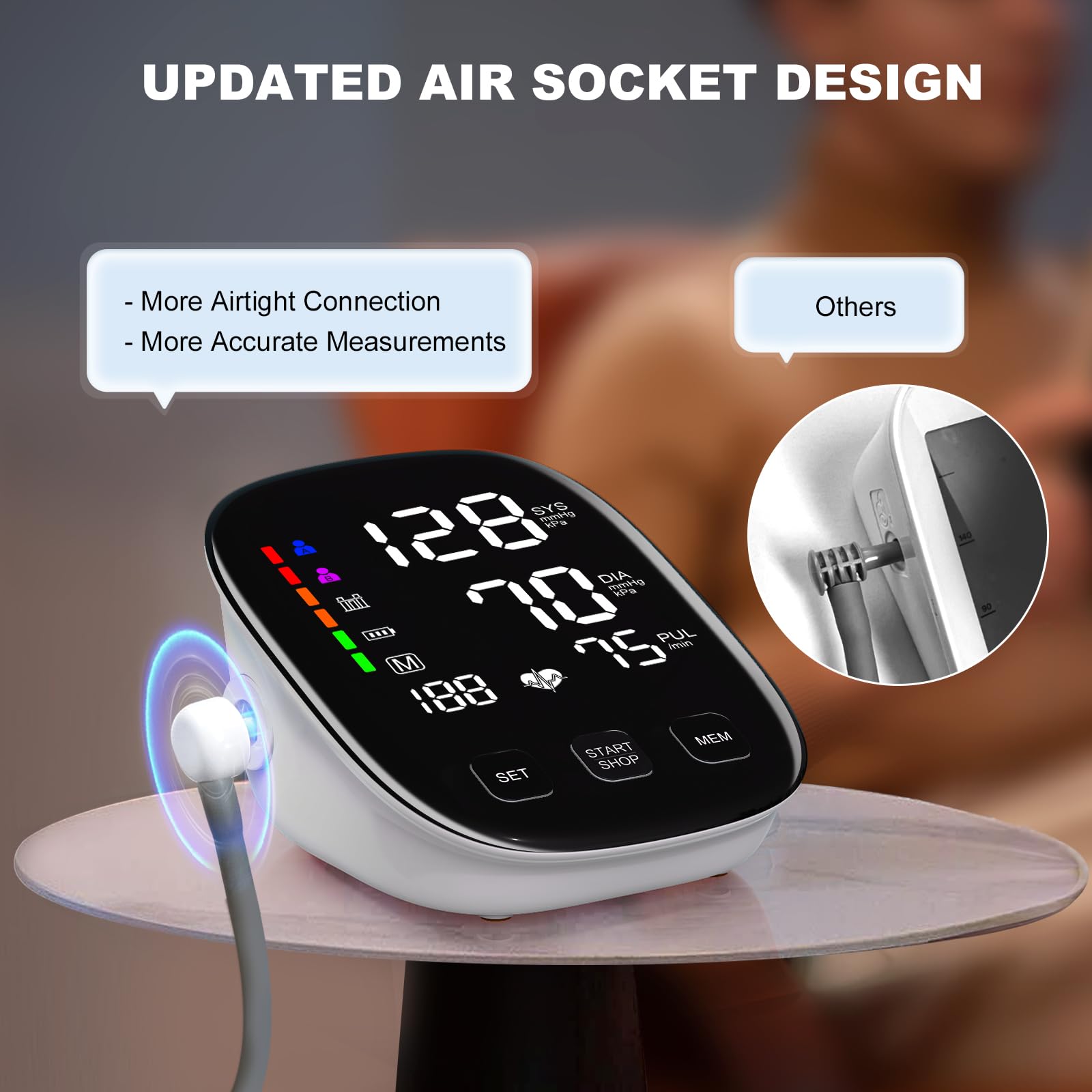 COCACIS BP Monitor powered by USB and batteries for flexible use.