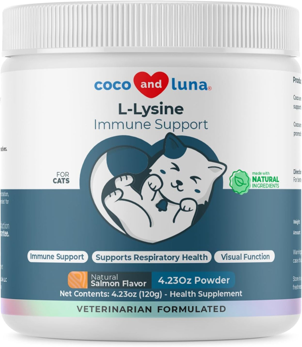 Coco and Luna L-Lysine powder tub front for cats, immune and respiratory support.