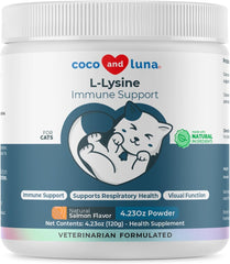 Coco and Luna L-Lysine powder tub front for cats, immune and respiratory support.