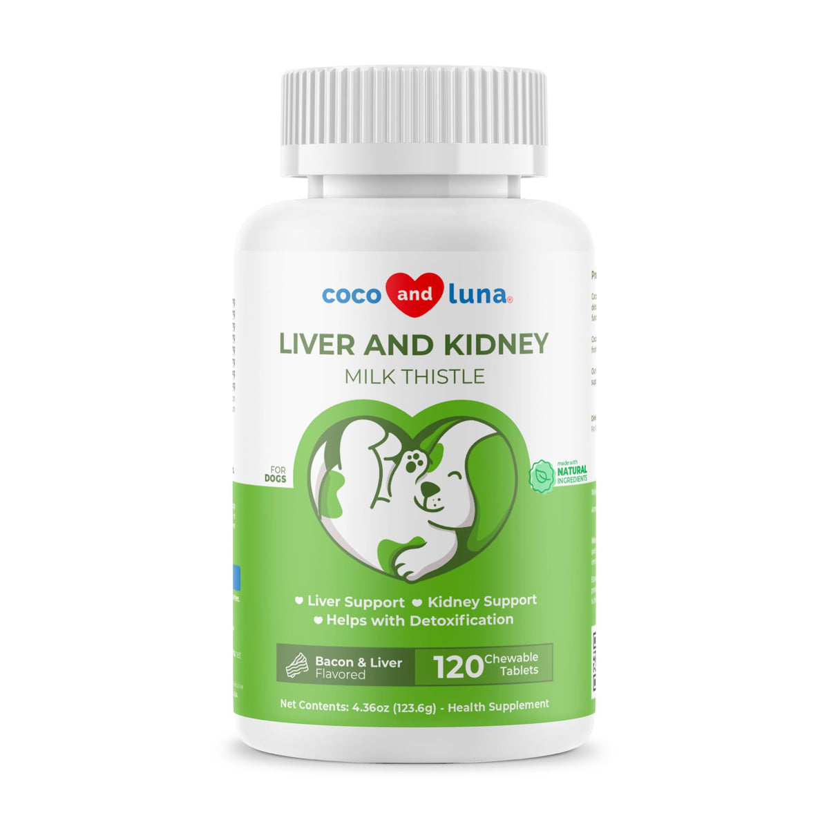 Coco and Luna Milk Thistle dog bottle promotes liver and kidney wellness.