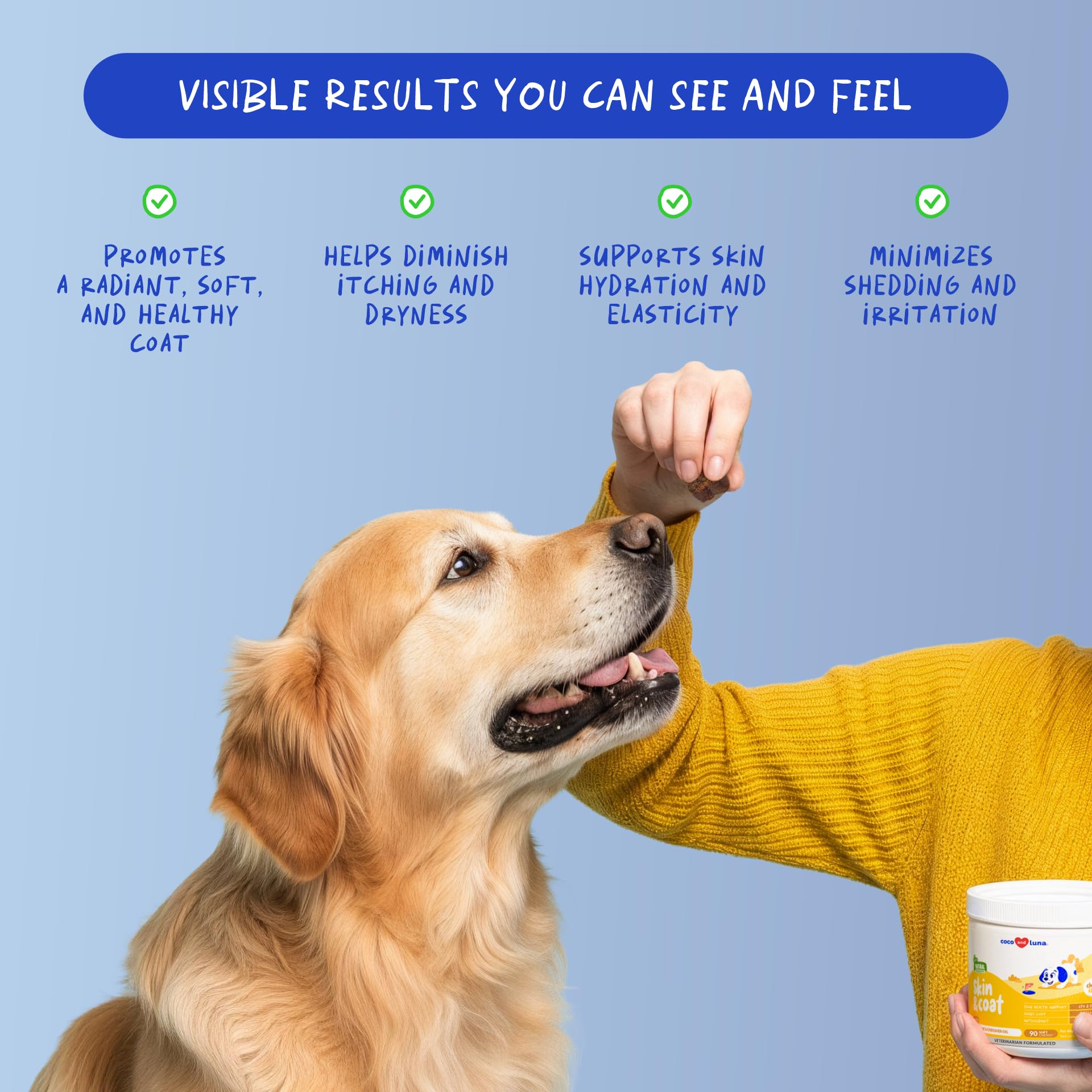 Coco and Luna Omega3 dog coat shine promoting healthy fur.