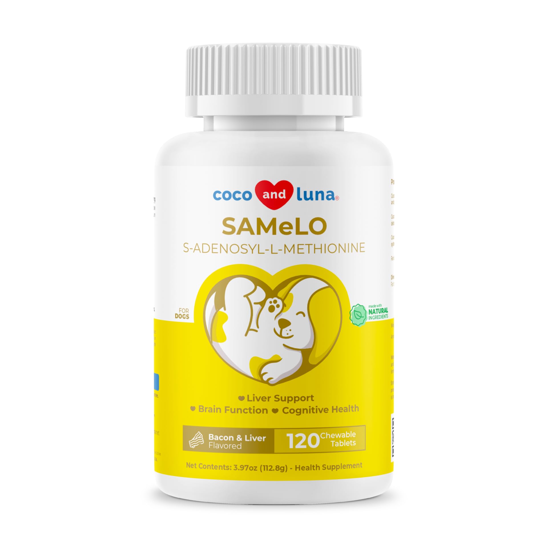 Coco and Luna Same for Dogs bottle with 120 chewables supports liver and brain health.