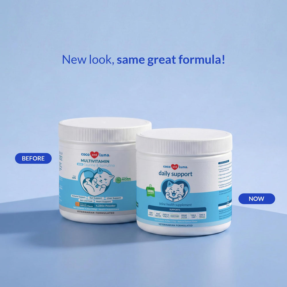 Coco and Luna taurine-lysine-spirulina nutrition powder close-up highlights essential nutrients for eye health.
