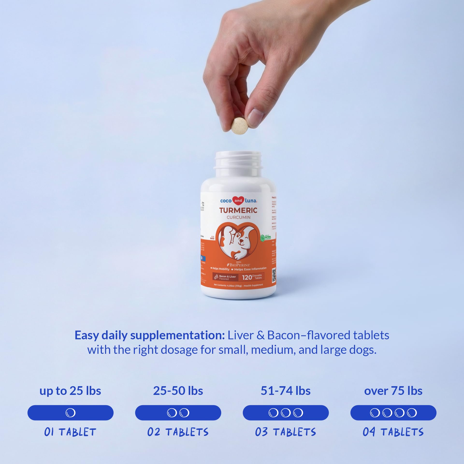 Coco and Luna turmeric dogs elderly use scene suggests gentle daily mobility support.