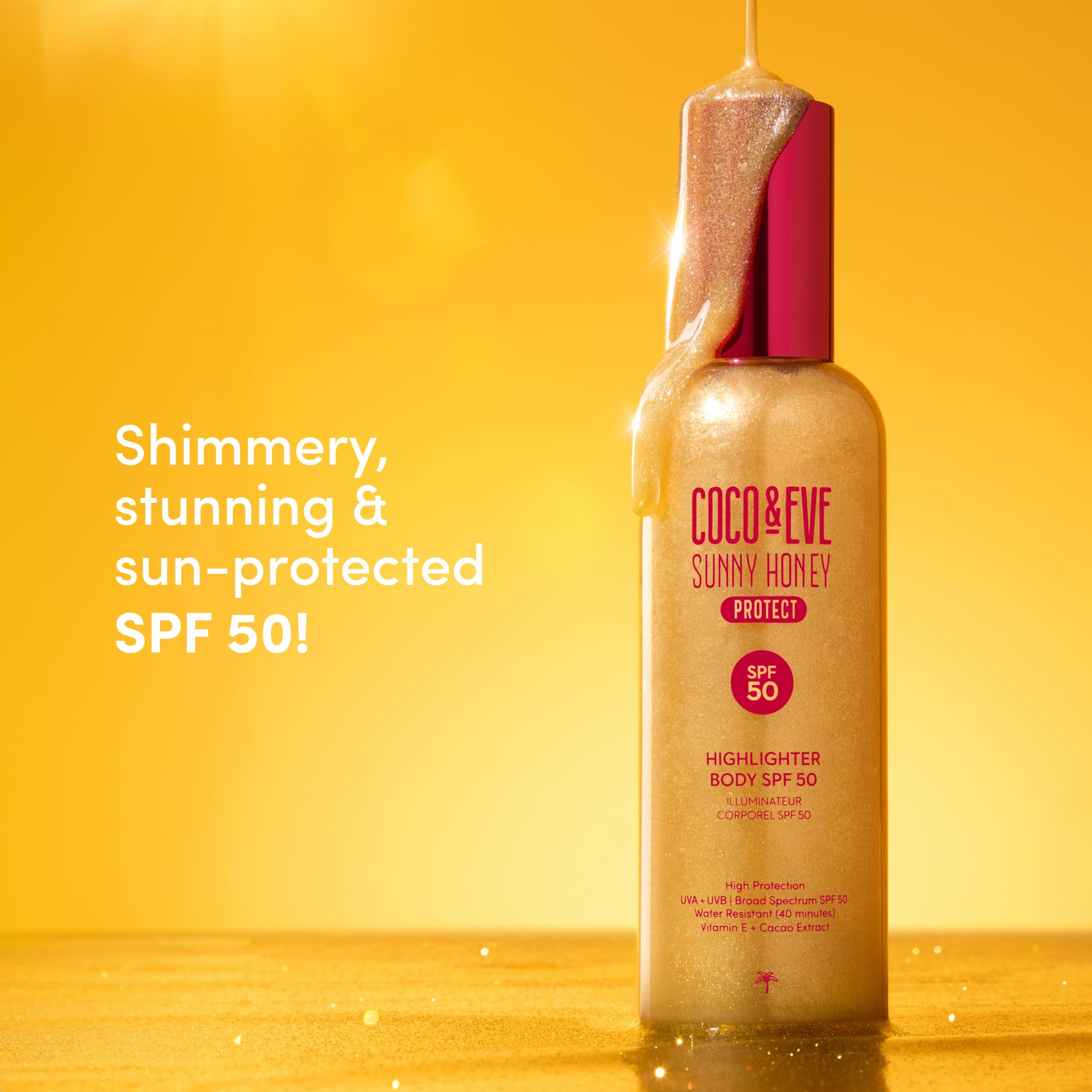 Coco & Eve Body Highlighter SPF 50 bottle close-up emphasizes lightweight, non-greasy protection.