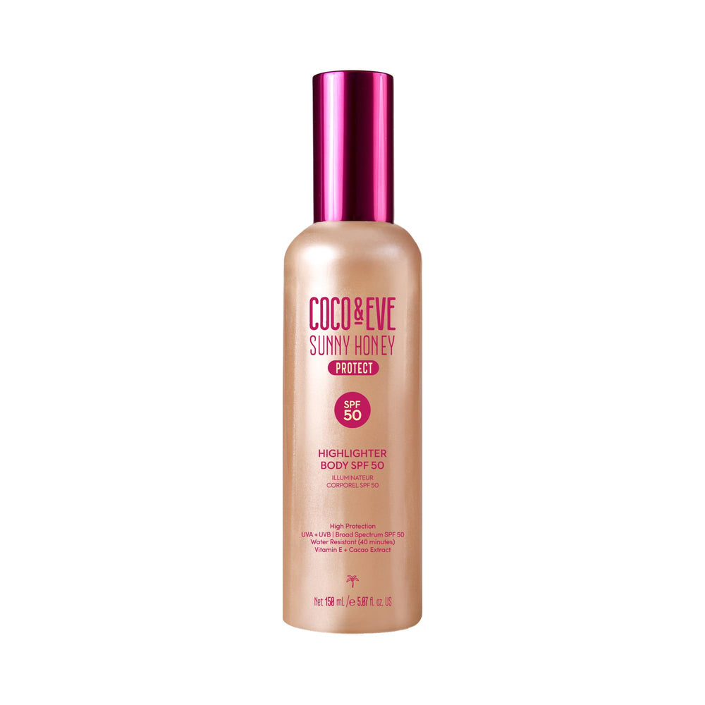 Coco & Eve Body Highlighter SPF 50 bottle shows pearlescent shimmer and protection.
