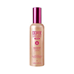 Coco & Eve Body Highlighter SPF 50 bottle shows pearlescent shimmer and protection.