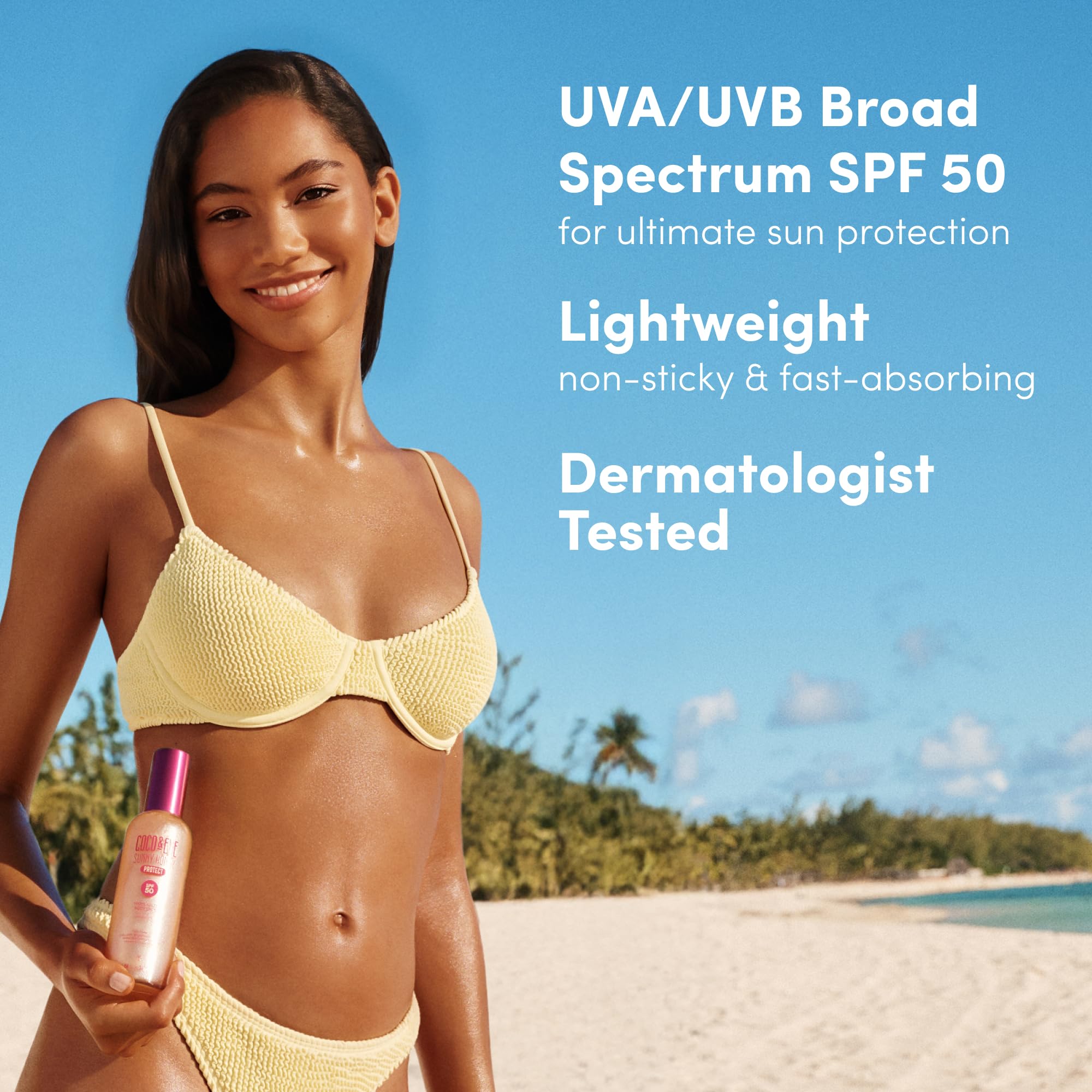Coco & Eve Body Highlighter SPF 50 bottle evokes instant bronze glow on skin.