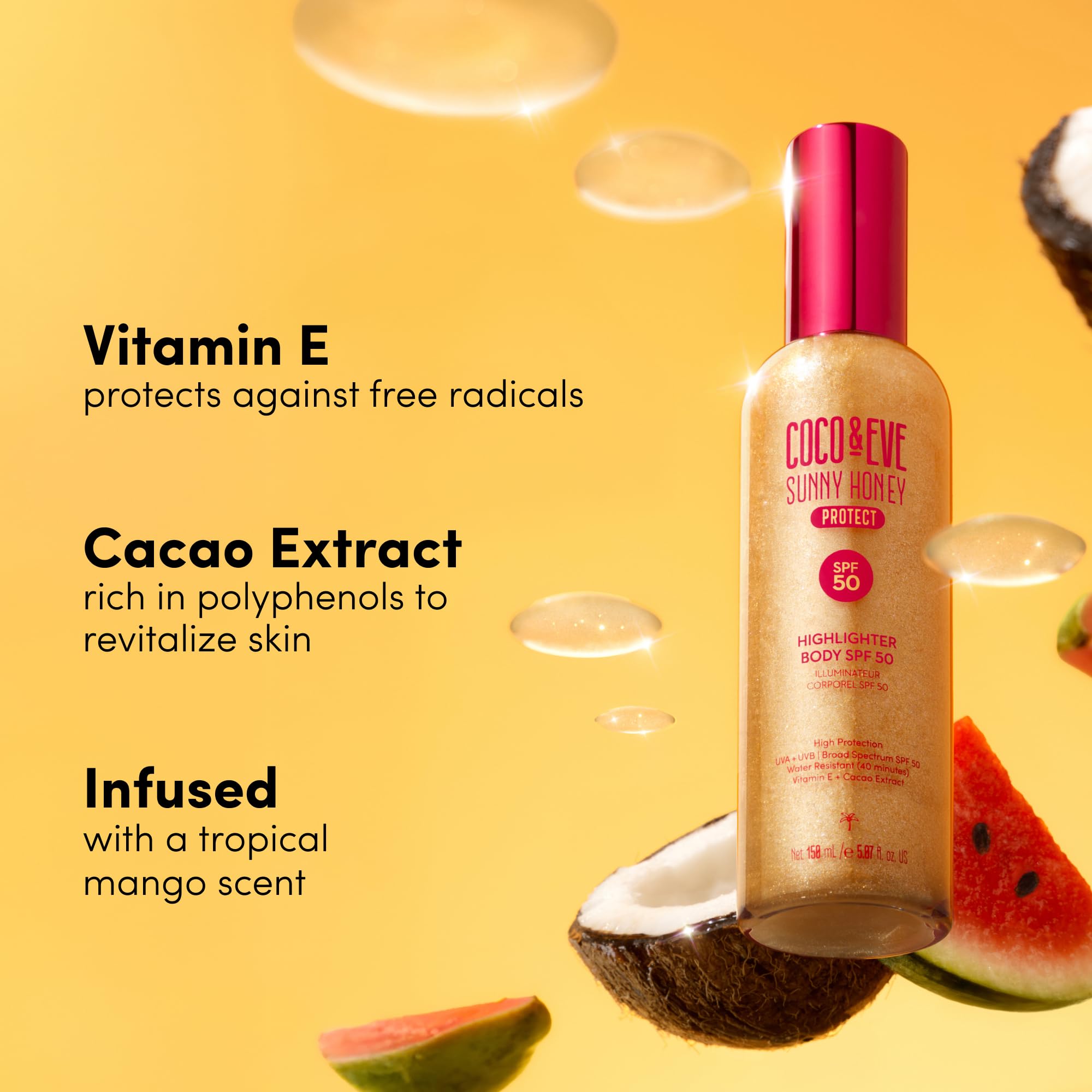 Coco & Eve Body Highlighter SPF 50 with tropical mango fragrance for a vacation-like scent.