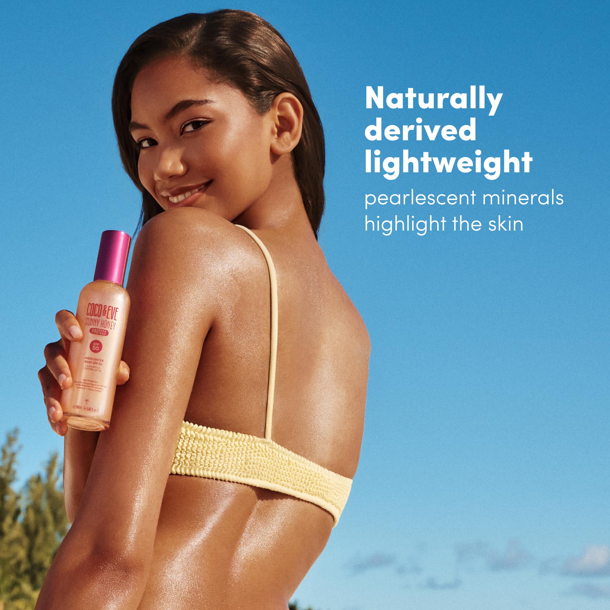 Coco & Eve Body Highlighter SPF 50 features vitamin E for nourished skin.