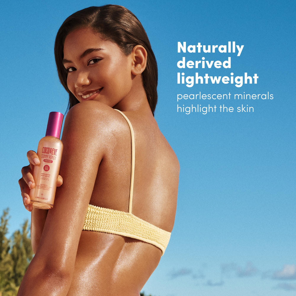Coco & Eve Body Highlighter SPF 50 features vitamin E for nourished skin.