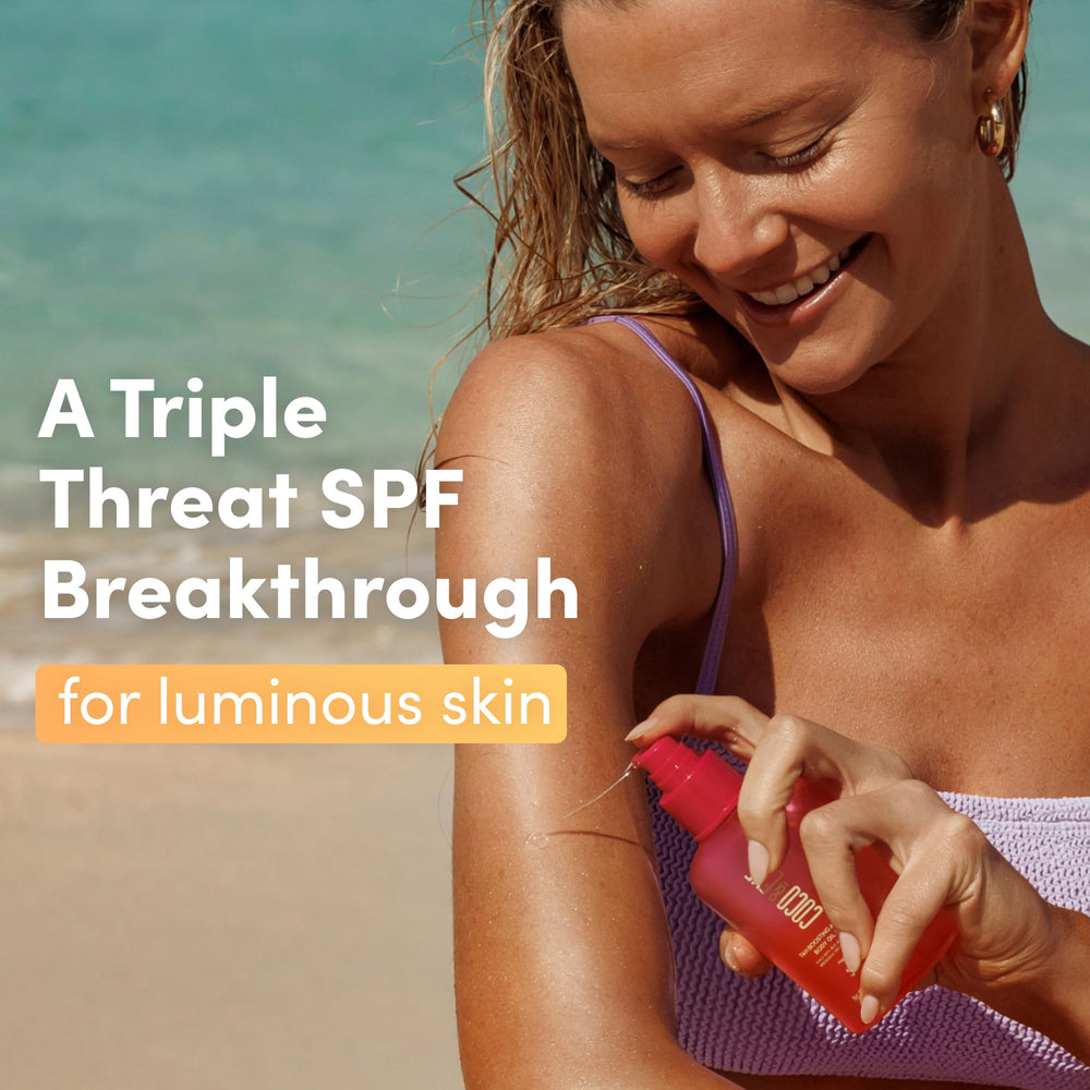 Coco & Eve SPF45 Tan Boosting Oil provides UVA/UVB protection while nourishing skin.