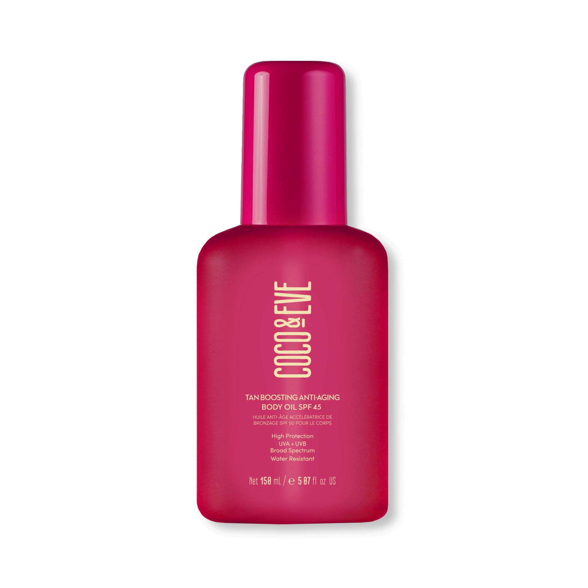 Coco & Eve Tan Boosting Oil pump bottle for an even, sun-safe glow.