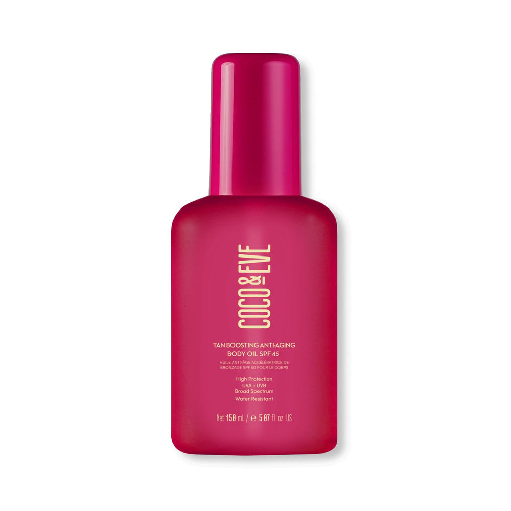 Coco & Eve Tan Boosting Oil pump bottle for an even, sun-safe glow.