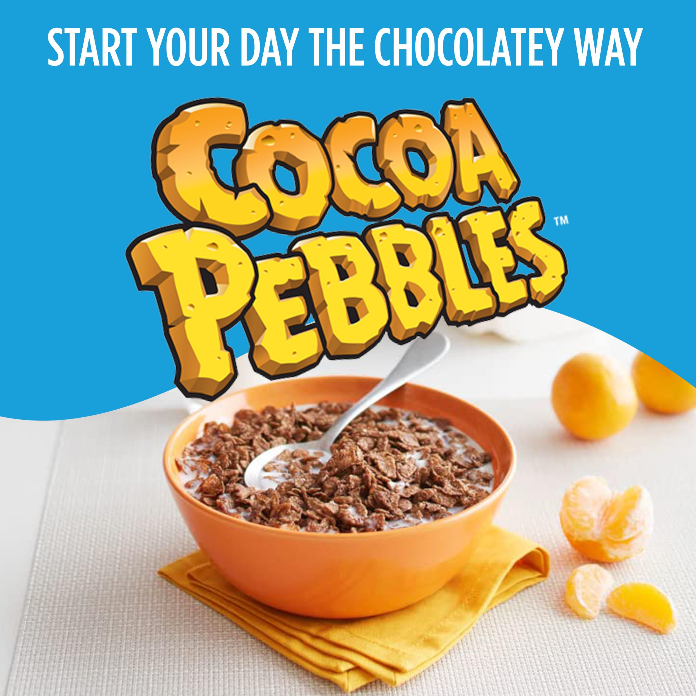 Cocoa PEBBLES bowl with spoon for family breakfast