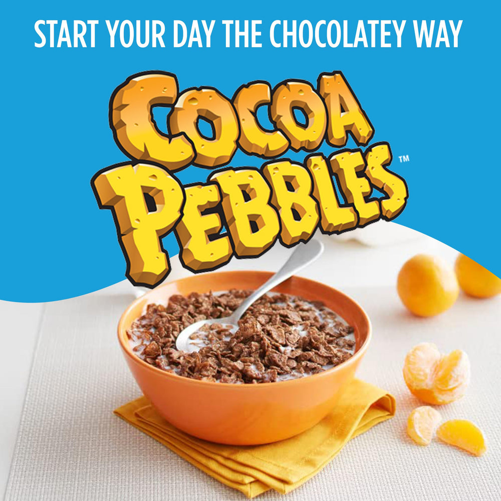 Cocoa PEBBLES bowl with spoon for family breakfast