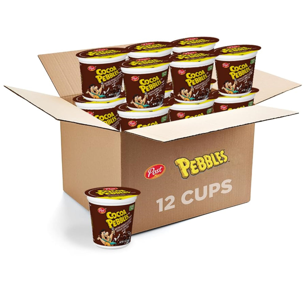 Cocoa PEBBLES chocolate cereal cups ready for quick on the go breakfast