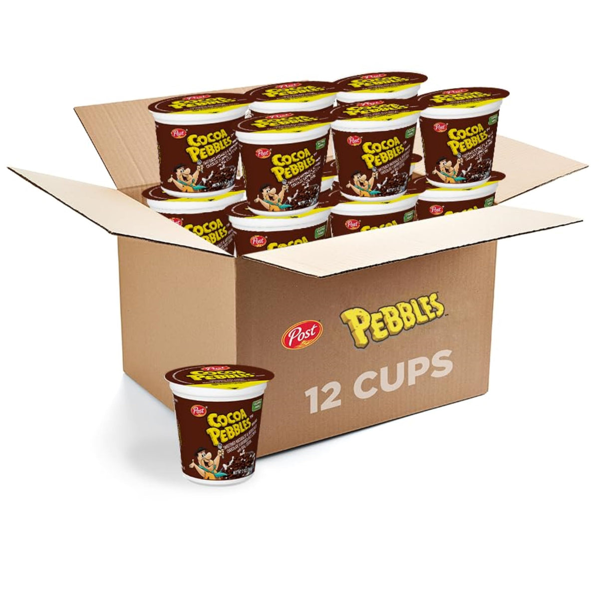 Cocoa PEBBLES chocolate cereal cups ready for quick on the go breakfast