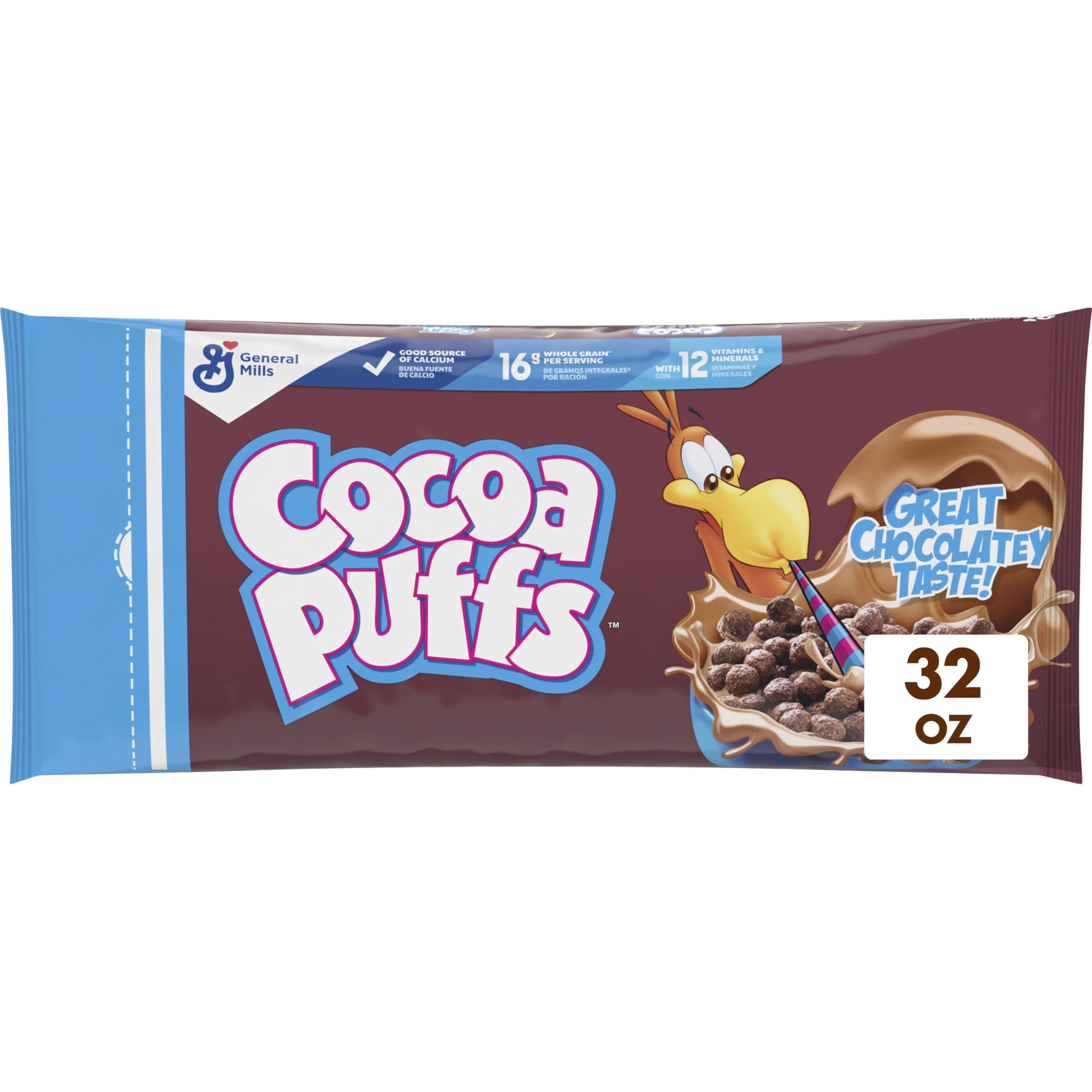 Cocoa Puffs bowl with milk, a chocolatey breakfast delight.