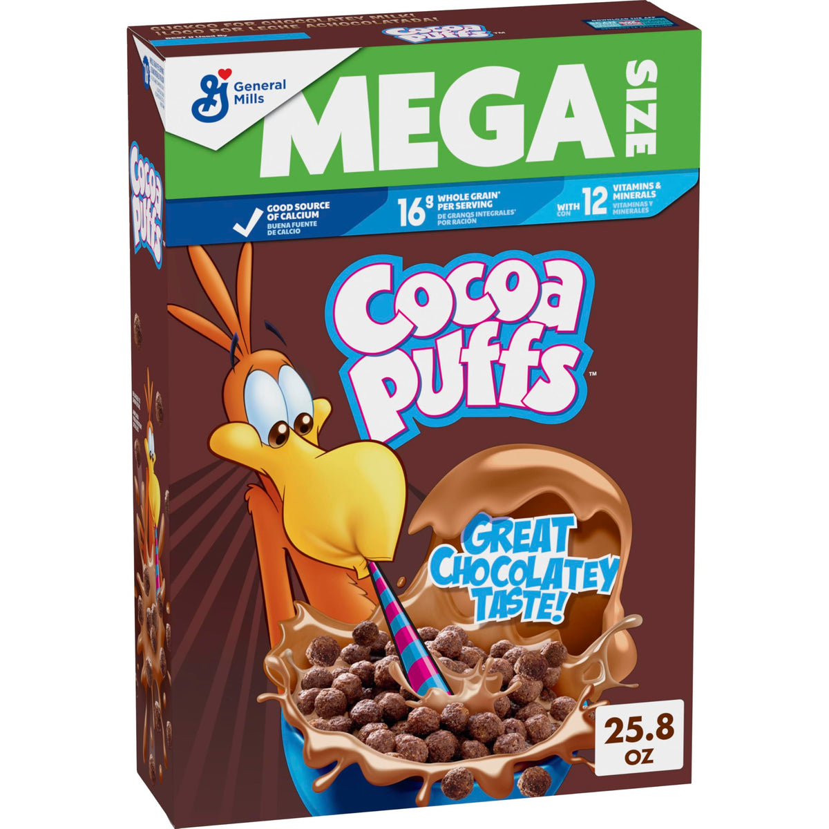 Cocoa Puffs chocolatey breakfast cereal in a bowl with milk, a quick family favorite.