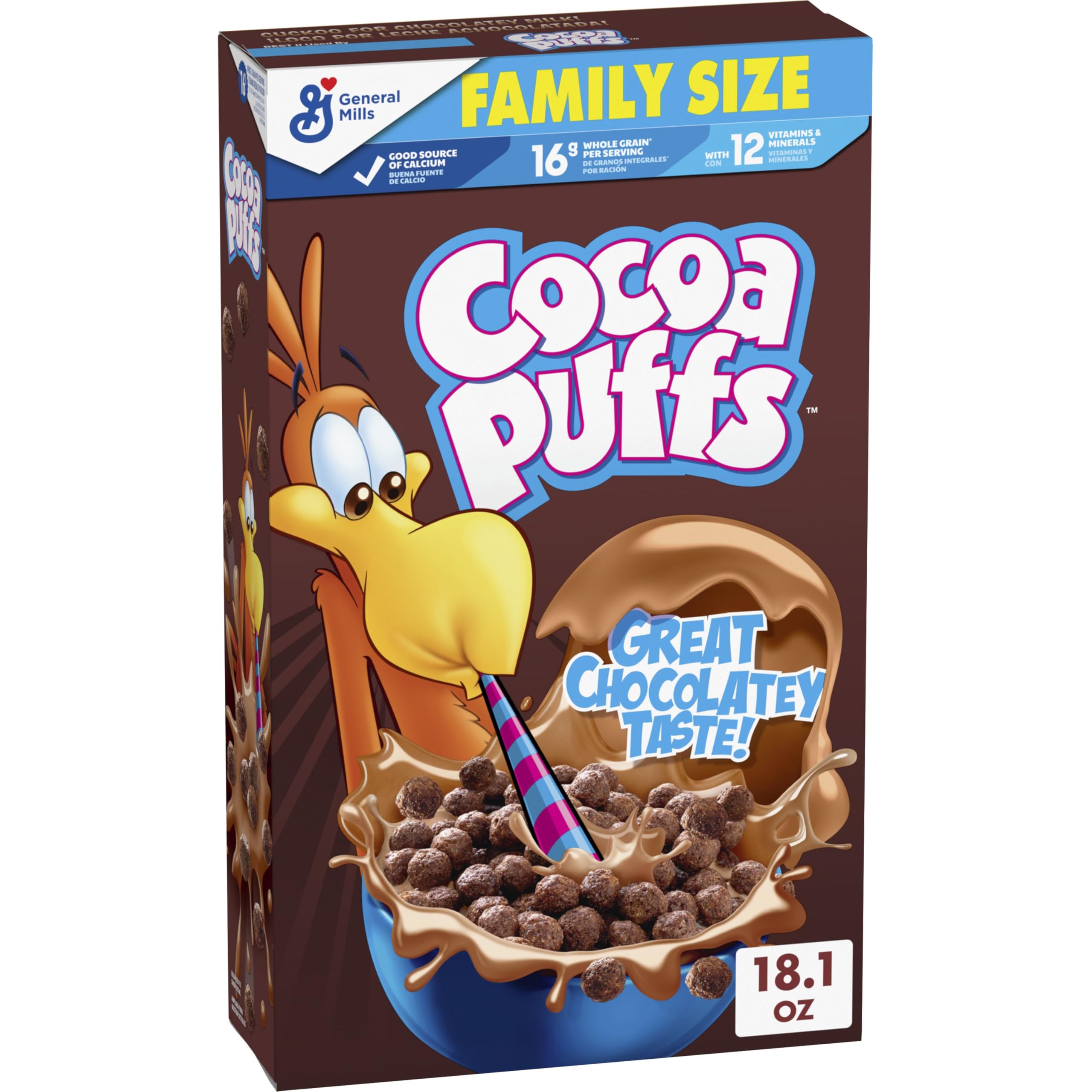 Cocoa Puffs chocolatey breakfast cereal in a box, quick family breakfast option