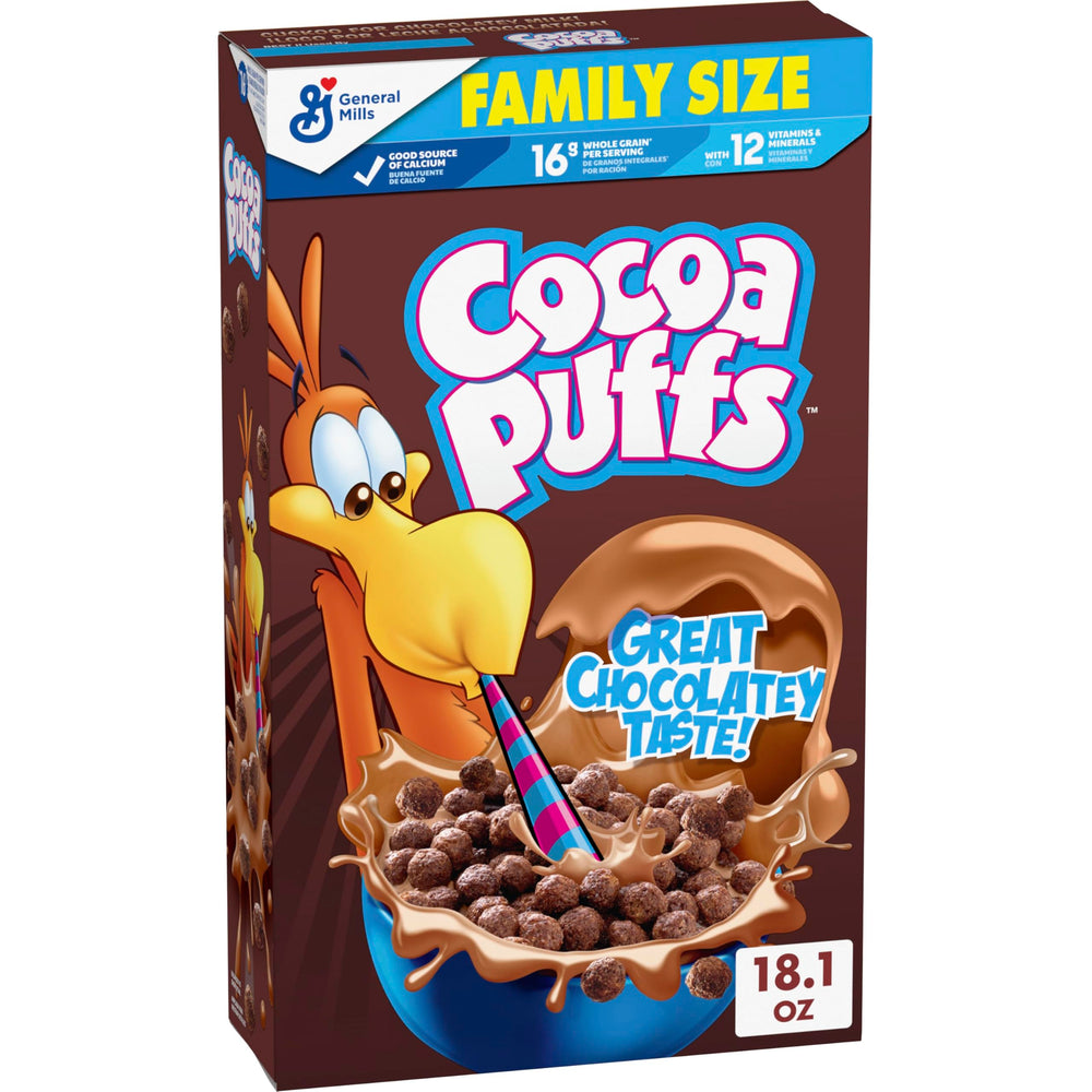 Cocoa Puffs chocolatey breakfast cereal in a box, quick family breakfast option