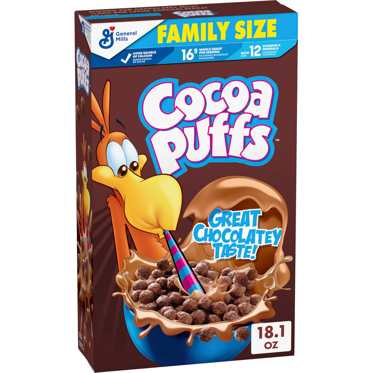 Cocoa Puffs chocolatey breakfast cereal in a box, quick family breakfast option