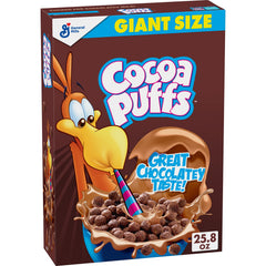 Cocoa Puffs giant-size box 25.8 oz for family breakfasts.