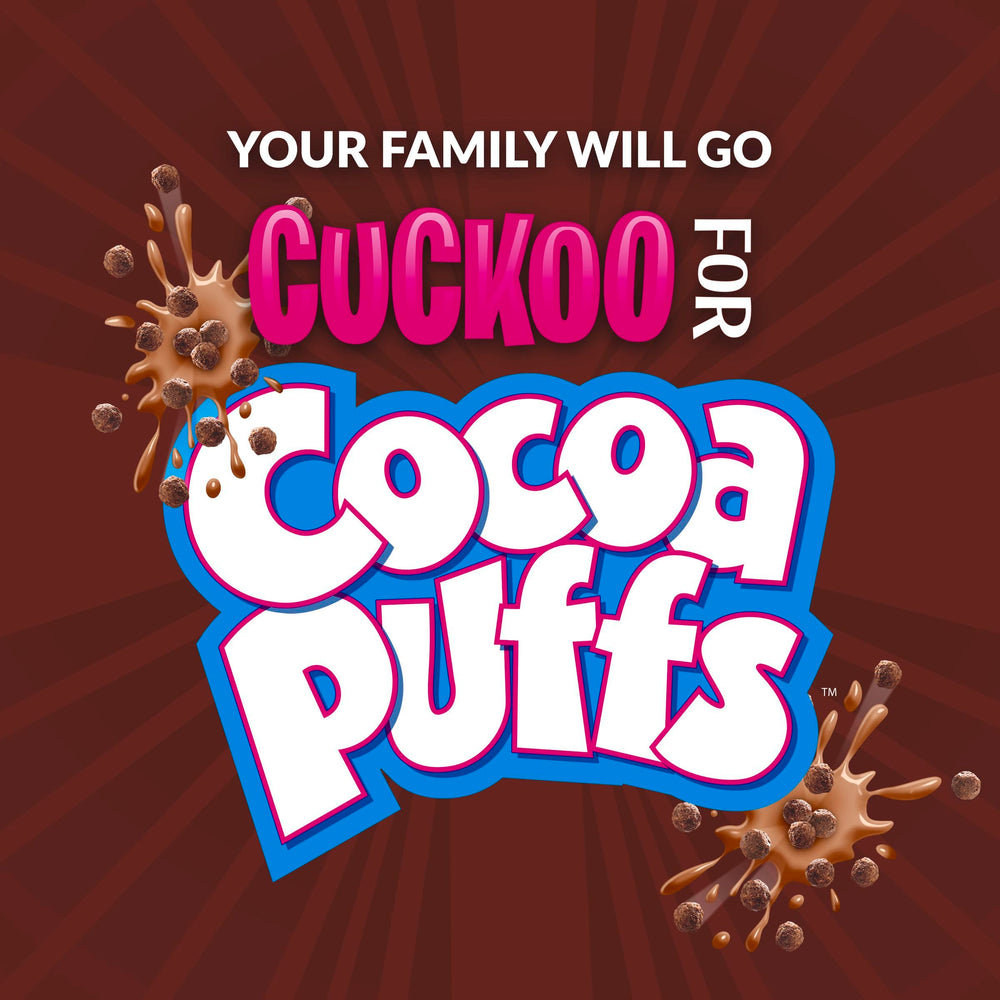 Cocoa Puffs pouring milk into bowl creates rich chocolatey swirls.