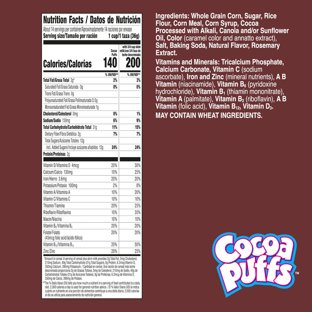 Cocoa Puffs whole grain serving image, a source of 16g per serving