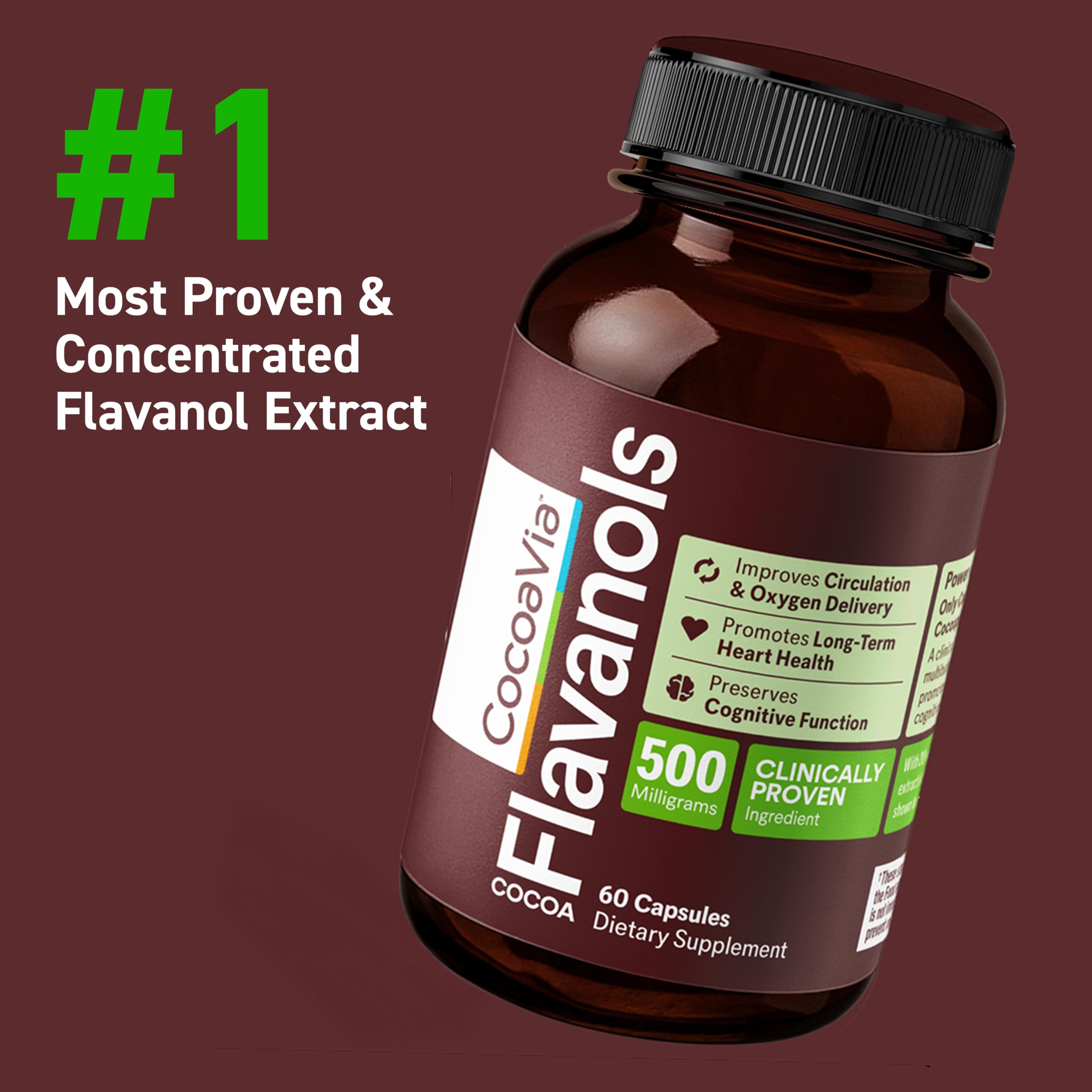 CocoaVia Cardio capsules close-up showing 500 mg flavanols per serving.
