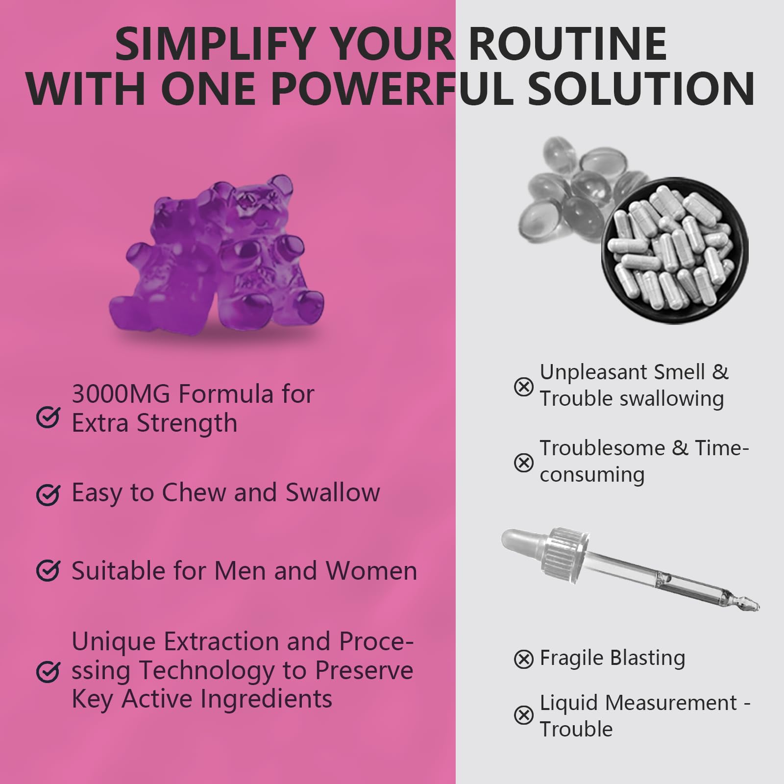 Gummies photographed with water to suggest easy daily routine integration.