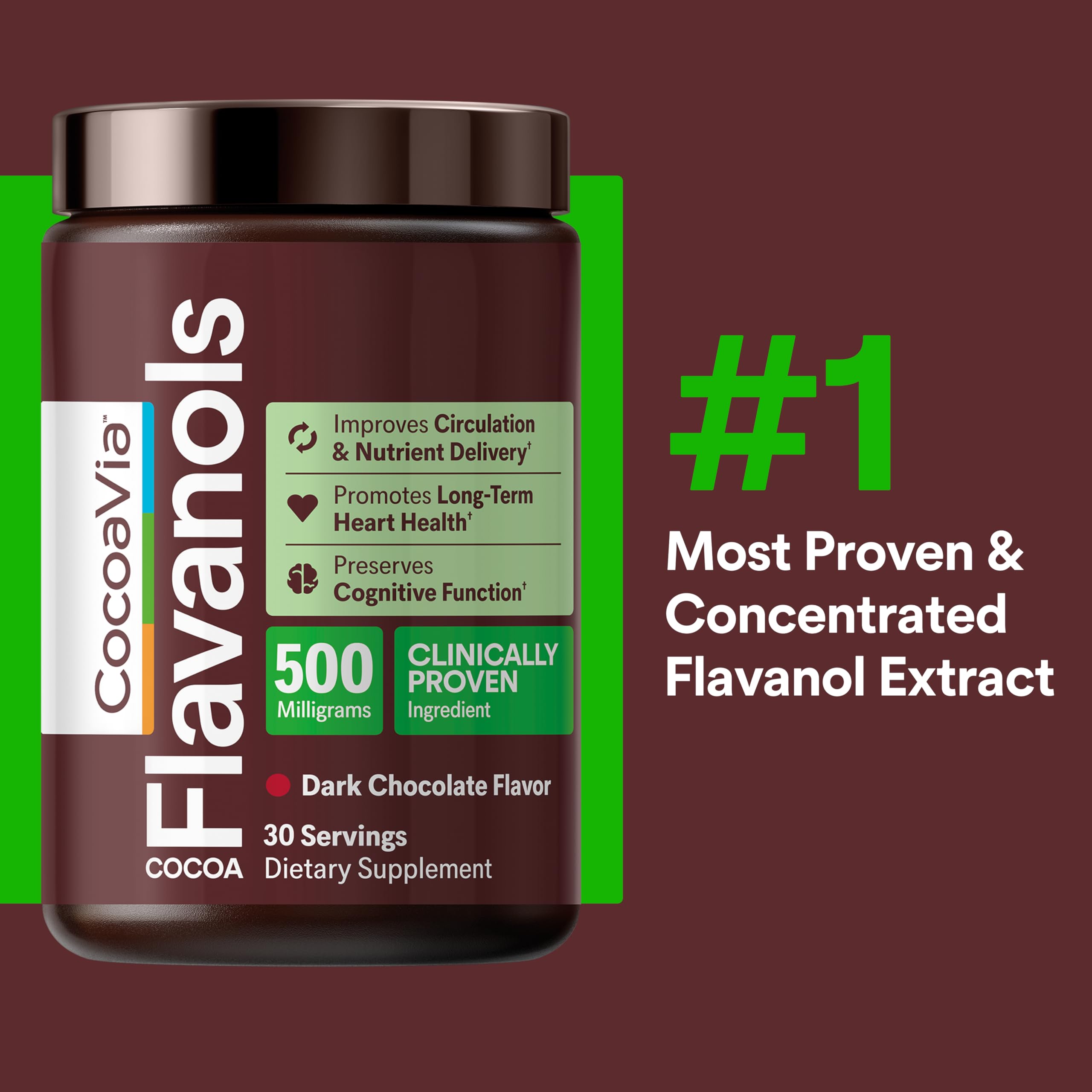 CocoaVia flavanols bottle closeup showing rich extract and memory-support potential.